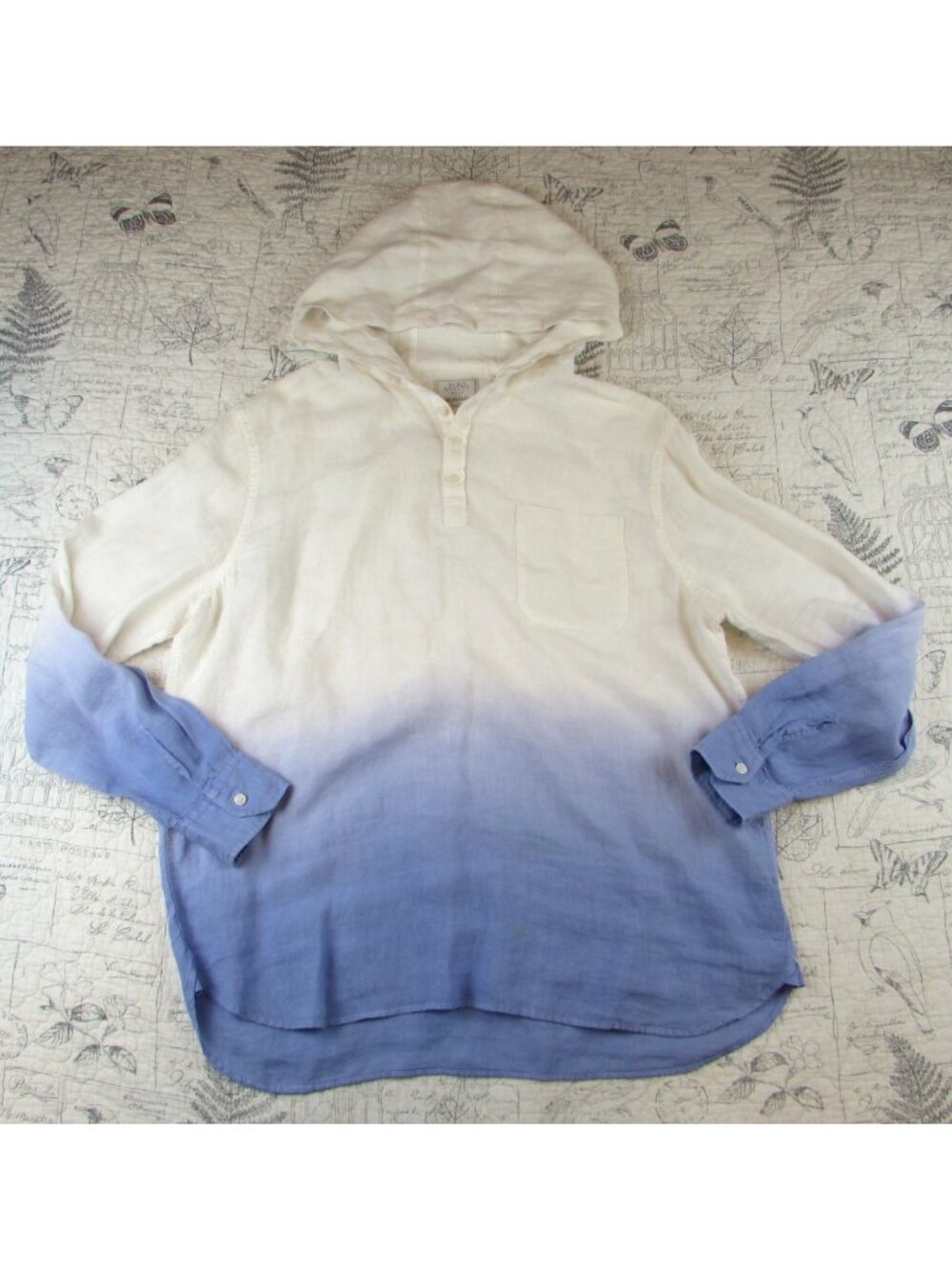 Baird McNutt Murano Dye Pullover 100% Linen White Blue Hoodie ombre Shirt  XL